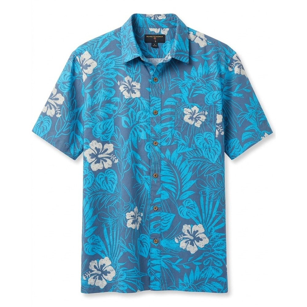 Margaritaville Hawaiian Style Button Down Shirt, Blue, Pocket, Rayon, Large